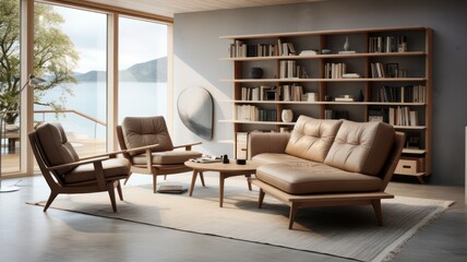 Brown leather sofa and lounge chairs in a modern home with bookshelves and big windows created with Generative AI
