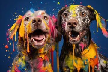 Portrait of a beautiful cheerful dog smeared with colored paint. Colors and creativity. - obrazy, fototapety, plakaty