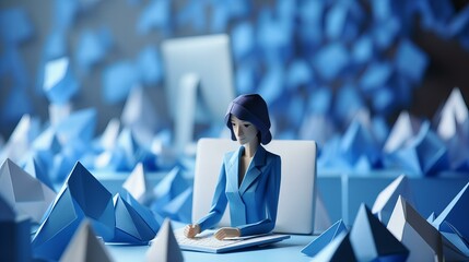 Origami Worker Seated in a Blue Monday Office