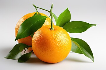 Ripe orange with green leaves on a white background. Isolated