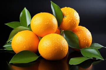 Ripe tangerines with green leaves on a black background.
