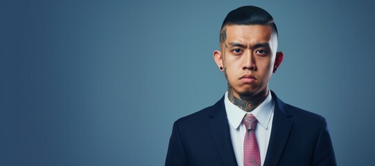 Young Asian businessman with face and neck tattoos serious face portrait