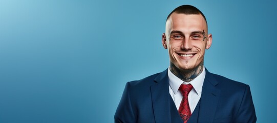 Young caucasian businessman with neck and face tattoos smile face portrait