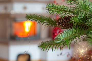 Fototapeta na wymiar Green fir tree branch on blur burning fireplace background.
