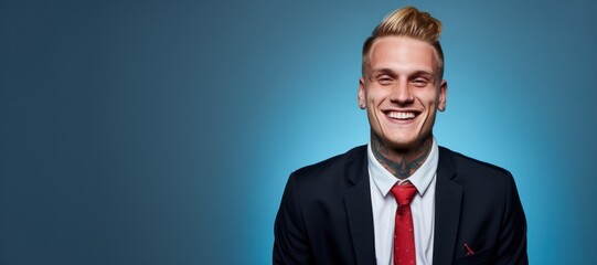 Young caucasian businessman with neck and face tattoos smile face portrait