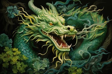 Fototapeta na wymiar Green dragon on a black background closeup, fictional frightening character, symbol of the chinese new year 2024