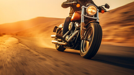 Custom motorbike biker rider on blurred desert road