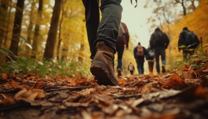 Group of Tourists Walking Along Autumn Forest Path. Close-up of Feet. Small Group Traveling and Exploring Nature.
