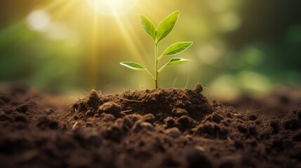 Seedling are growing from the rich soil with business arrow of growth. Concept of business growth, profit, development and success