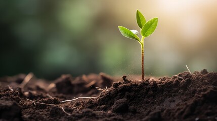 Seedling are growing from the rich soil with business arrow of growth. Concept of business growth, profit, development and success