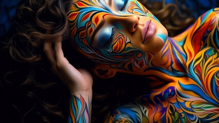 Portrait of a beautiful young woman with creative body art painting.