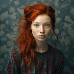 Fototapeta premium Portrait of a beautiful young red-haired woman with natural makeup. Style, fashion and beauty concept