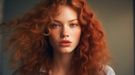 Portrait of a beautiful young red-haired woman with natural makeup. Style, fashion and beauty concept