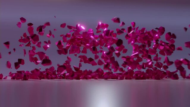 The pink word LOVE explodes into small particles.
3D render animation.