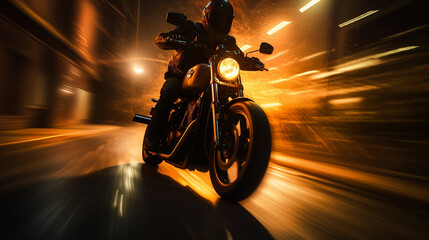Custom motorbike biker rider on blurred highway