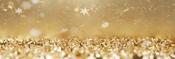 3D rendering of golden christmas particles and snow crystals in panoramic view. Holiday celebration background