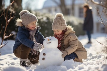 Kids winter vacation time in winter, carefree childhood, happy time , having fun in the snow, sledding, sculpting a snowman, playing in nature, joy and fun , children spend time together .