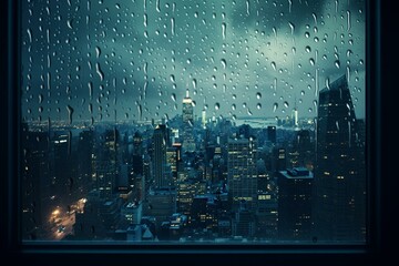Rain droplets on window gazing at cityscape wallpaper with a gloomy atmosphere. Generative AI