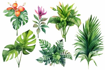Watercolor tropical plant set. Generative AI