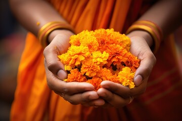 Hands of a young rural woman holding marigold flowers, a girl delicately holds a vibrant bunch of marigold, beautiful flowers, orange color marigolds - obrazy, fototapety, plakaty