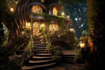 Fototapeta premium fantasy house in forest, 3D rendering of a fairy tale house in the forest at night, Fantasy houses in magic forest