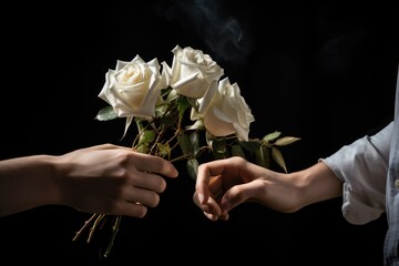 Close up of male and female hands holding white roses on black background, man giving rose to a woman, beautiful white roses, gift, love, romantic
