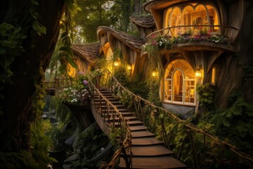 Fototapeta premium Beautiful fairy-tale wooden house in the garden at night, home like fairy tale, wooden house, tree's house night in the forest.