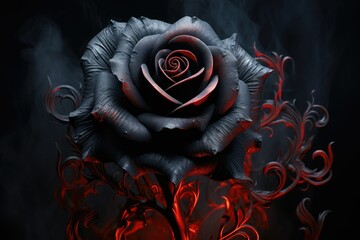 Black rose with red smoke on black background, 3D illustration, dark rose, captivating black rose stands out against a dark background