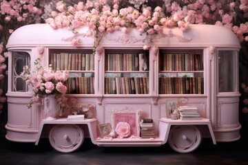 a pink car full books decorating with pink flowers, Pink toy train with books and flowers on a dark background, 3d rendering, pink dreams, fancy library with flowers - Powered by Adobe