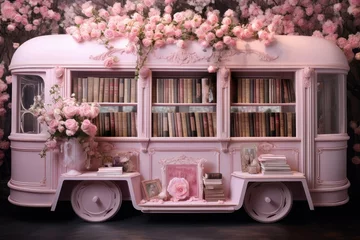 Rollo a pink car full books decorating with pink flowers, Pink toy train with books and flowers on a dark background, 3d rendering, pink dreams, fancy library with flowers © Jahan Mirovi