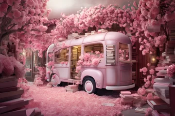 Fototapeten 3D rendering of a pink bus in a fairy tale scene, mobile library decorating with cherry blossoms, pink wonderland, a bus full of books with flowers © Jahan Mirovi