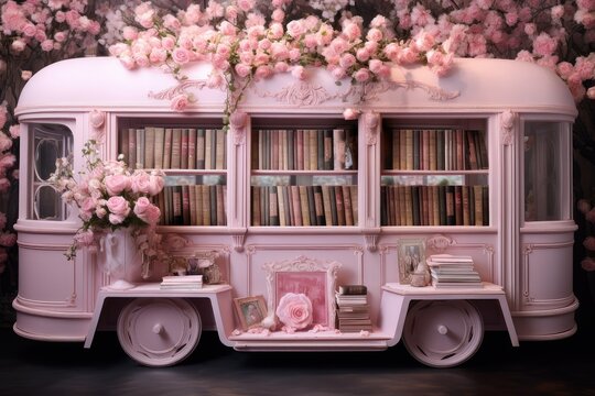 a pink car full books decorating with pink flowers, Pink toy train with books and flowers on a dark background, 3d rendering, pink dreams, fancy library with flowers