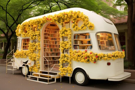 sophisticated open library into a white caravan, Tourist bus decorated with yellow flowers and books, car library