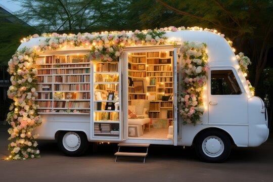 Caravan with books in the garden at night, mobile library concept, sophisticated open library into a white caravan