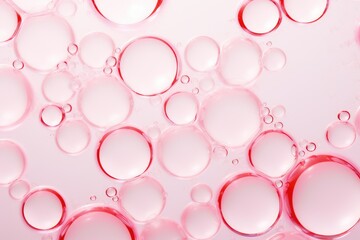 Macro oil drop floating on water surface. Abstract pink water bubbles background. Cosmetic liquid beauty product. Colorful artistic backdrop