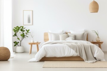 Fototapeta na wymiar Minimalistic, airy bedroom adorned with a white palette. Inspired by Scandinavian design, featuring a cozy bed, fresh sheets, and a vibrant house plant. Generative AI