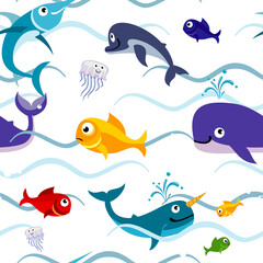 Underwater animal in water waves. Cartoon seamless pattern