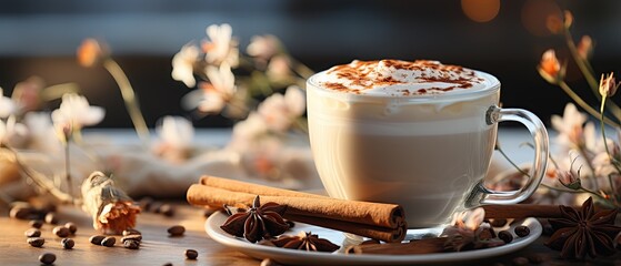 Cappuccino with cinnamon and spices in clear coffee cup.