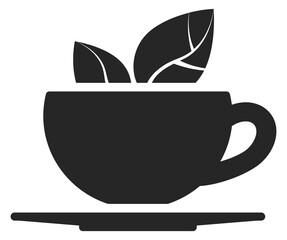 Tea cup black icon. Flavored leaves in ceramic mug