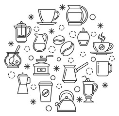 Coffee making tools in circle composition. Line icons