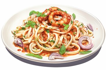 Illustration of spaghetti with seafood calamari. Generative AI