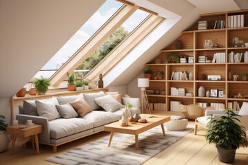Interior of attic living room with wooden bookcase, sofa and coffee table