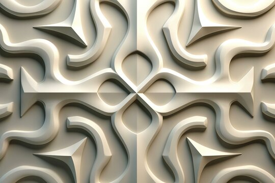 Arranged tiles form a concrete wall with a 3D futuristic arabesque background. Rendered in 3D. Generative AI