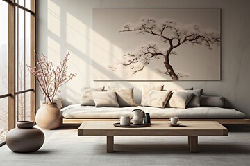 Minimalist Zen: Create an image of a modern living room exuding zen simplicity, featuring low-profile seating, clean lines, and serene decor for a tranquil ambiance.