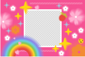Hot pink crazy acid y2k aura aesthetic background. Bold graphic illustration with stars, flowers, rainbow. With place for photo. Can be used as wallpaper. Stock vector illustration with kawaii modern  - obrazy, fototapety, plakaty