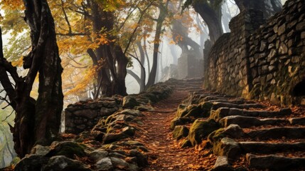 Fototapeta premium Enchanting Journey Through a Mysterious Forest On a foggy autumn morning