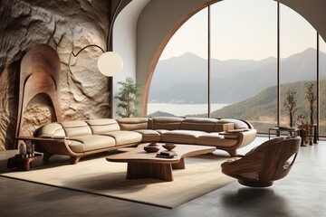 Organic Modernism: Illustrate a modern living room infused with organic shapes and materials, capturing the marriage of contemporary design with nature's influence.