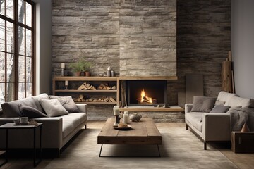 Rustic Modern Fusion: Craft an image of a living room where rustic charm meets modern minimalism, highlighting the unexpected harmony of weathered textures and sleek lines.