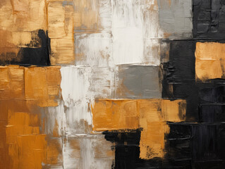 An up-close view of an abstract dark gold and black art texture, highlighting oil and acrylic brushstrokes, palette knife work, and geometric spatula techniques on canvas.Background