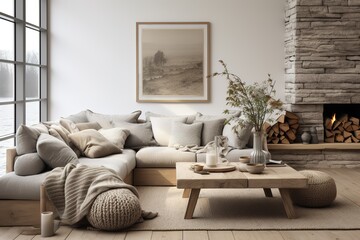 Scandinavian Chic: Depict a modern living room embracing Scandinavian design, characterized by neutral tones, natural materials, cozy textiles, and functional elegance.